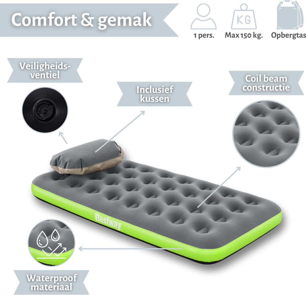 Bestway luchtbed - 1-Persoons - 99x188x22 cm (BxLxH) - Grijs/Groen - Inclusief 3-in1 opbergtas