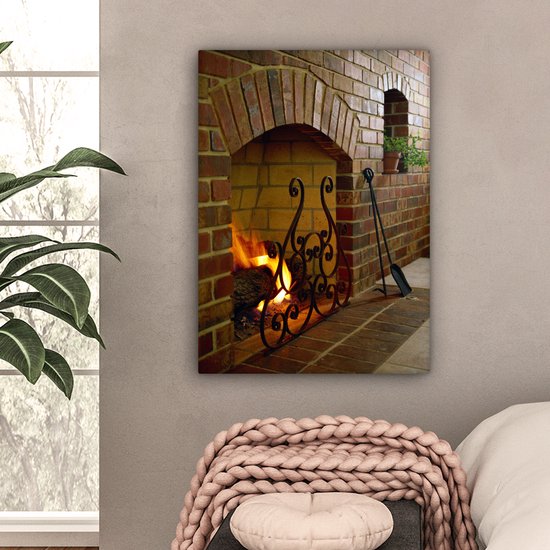 Feu dans une cheminée 60x80 cm - Tirage photo sur toile (Décoration murale salon / chambre)