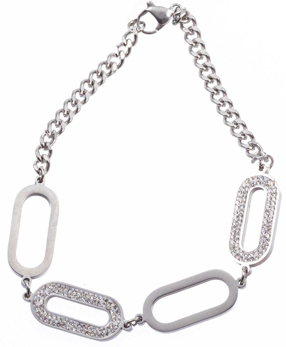 Nouka Dames Armband – Zilver Gekleurd met Ovale Ringen en Strass Steentjes - Stainless Steel – Cadeau voor Vrouwen
