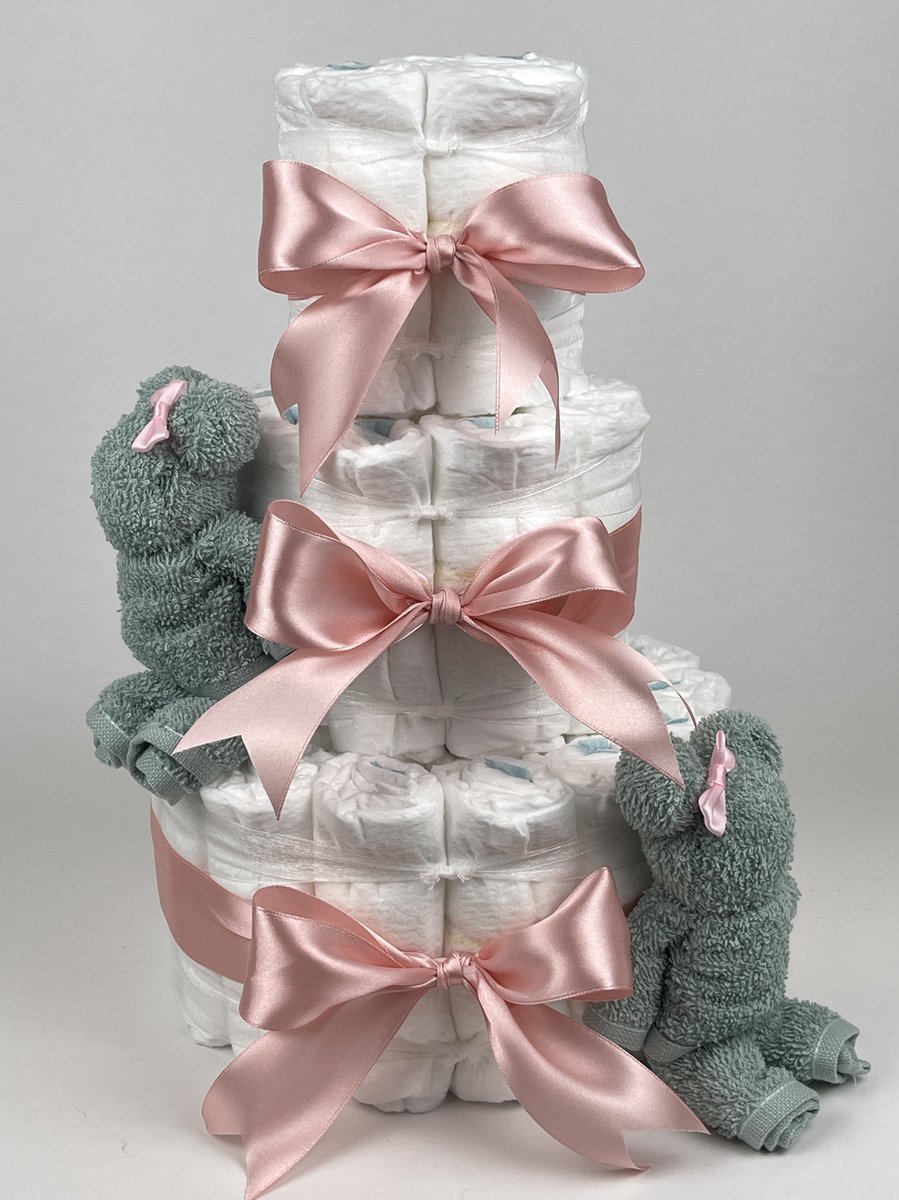 Chouette-Chouette | Luiertaart Meisje | Kraamcadeau | Geboorte Meisje | Babyshower | Beren Stone groen - donker Poeder Roze