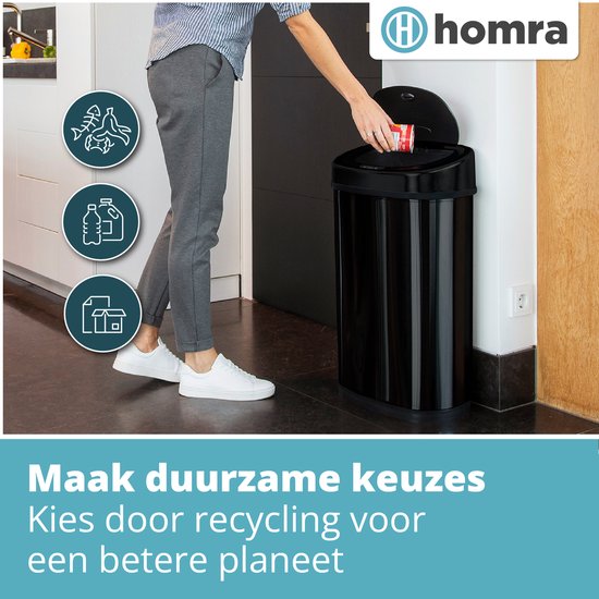 Homra FONIX Prullenbak met Sensor Zwart 50 liter - Automatische Soft Close Deksel- Zwarte Afvalemmer - Infrarood Sensor - Vuilnisbak met Elektrische Deksel - Vingerafdrukvrij - Vuilafstotend