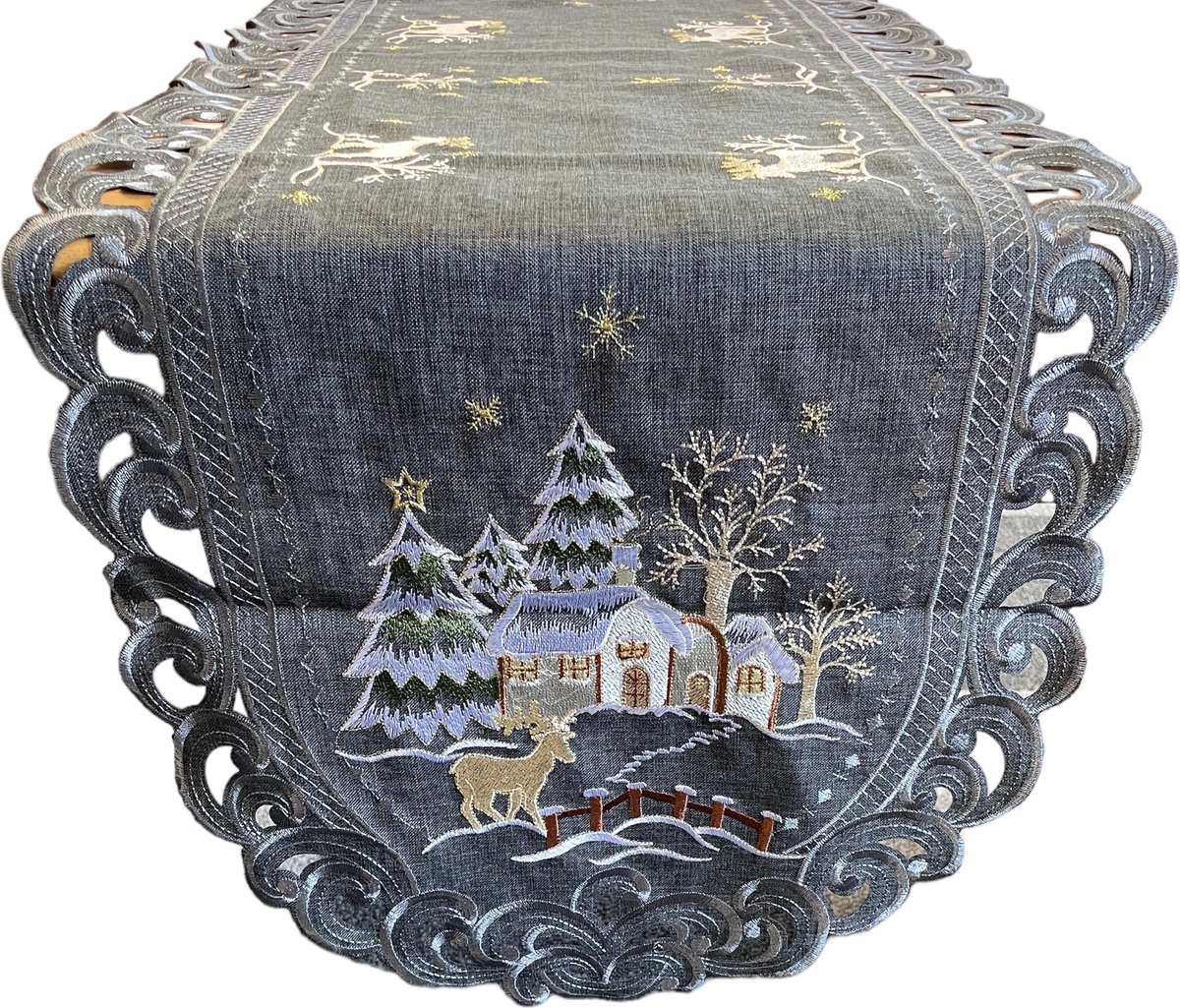 Tafelloper – Linnenlook – Kerst – Grijs met hert – Rendier – Loper 110 cm