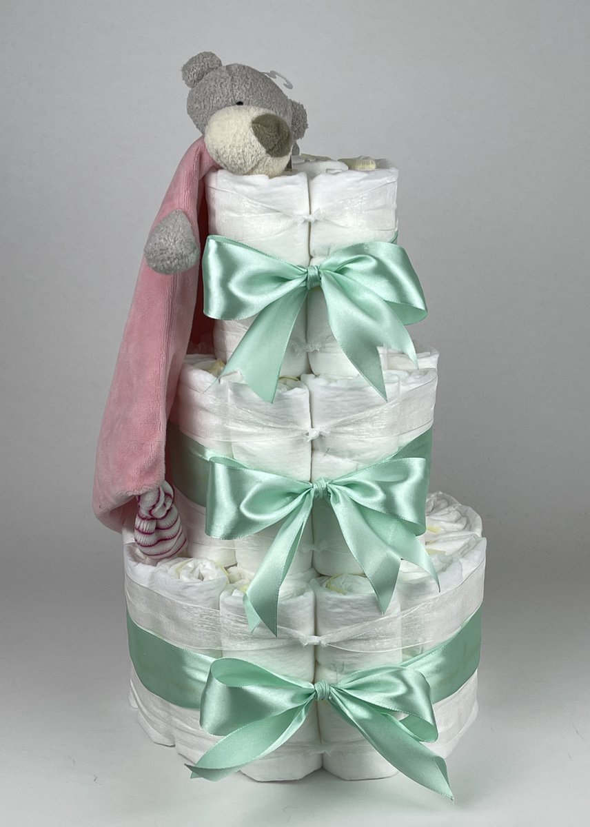 Goedkoopste Chouette-Chouette | Luiertaart Meisje | Kraamcadeau | Geboorte Meisje | Babyshower | Knuffeldoek Beer Roze - Groen