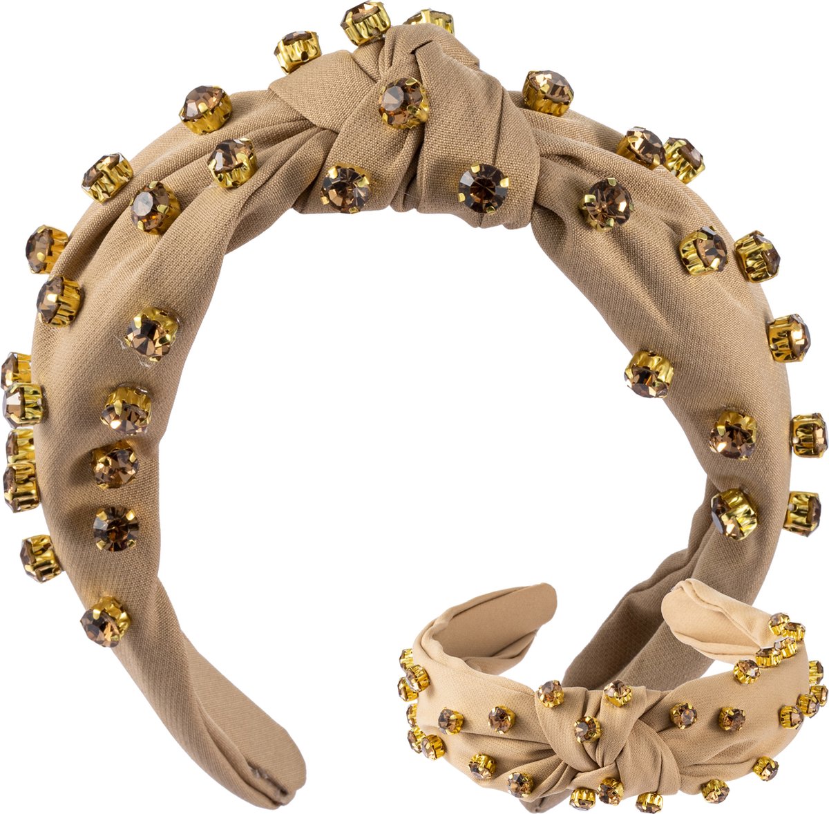 Nouka Khaki Beige Dames Diadeem – Met Licht Bruine Steentjes – Brede, Dikke, Puffy met Twist - Vrouwen Haarband - Cadeau voor Vrouwen