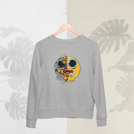 Feel Free - Halloween Sweater - Smiley: Een licht fronsend gezicht - Maat M - Kleur Grijs