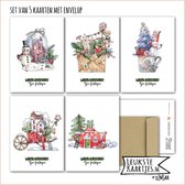KaartenSet met Envelop -> Kerst - No: 09 (Warme KerstGroet, Fijne Feestdagen - KerstHuisjes, Huisjes en sneeuwpoppen, kikker, gezellige mini tafereeltjes) - LeuksteKaartjes.nl by xMar