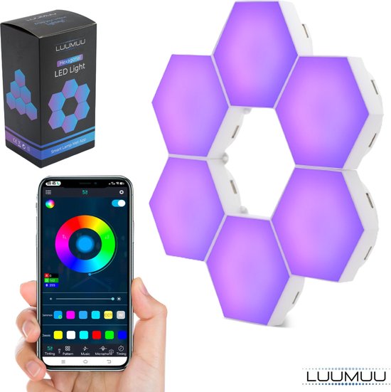 Foto: Luumuu hexagon led panelen wandlamp binnen met snoer gaming accesoires sfeerlicht woonkamer 16 miljoen kleuren app