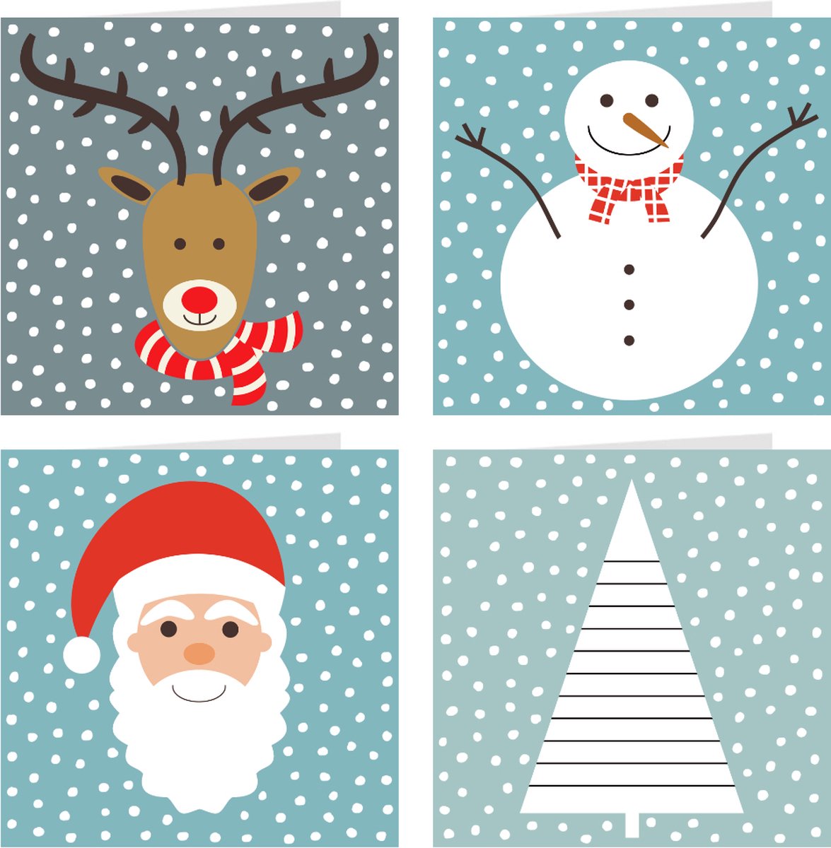 8 luxe kerstkaarten | BONTE KERST | set kaarten met enveloppen | rendier + sneeuwpop + kerstman + kerstboom