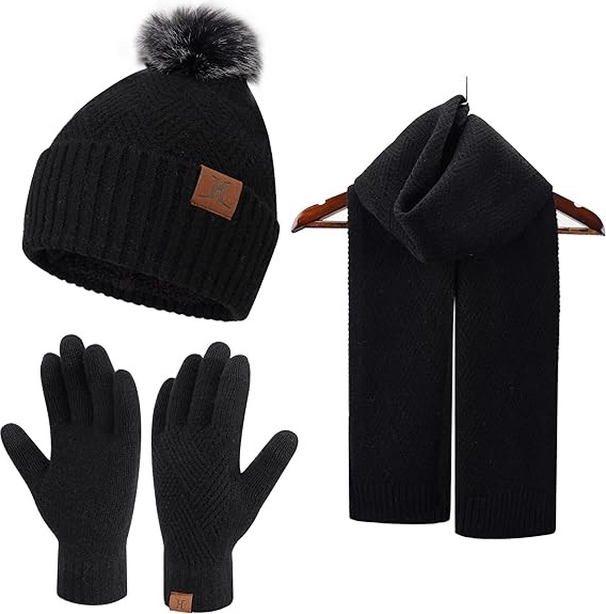 Warme winterset - Zwart - Beanie met pom pom, lange sjaal, touchscreen handschoenen - Fleece gevoerde muts volwassenen - Black Friday 2023 - Kerstcadeau
