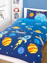 1-persoons jongens dekbedovertrek (dekbed hoes) blauw "rocket" met planeten, raket, spaceshuttle, ufo, astronaut, ruimtewezens tussen de sterren in het heelal / de ruimte / universum eenpersoons 140 x 200 cm (cadeau beddengoed kinderkamer)