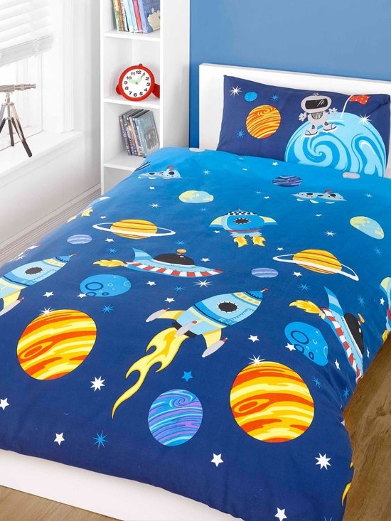 1-persoons jongens dekbedovertrek (dekbed hoes) blauw "rocket" met planeten, raket, spaceshuttle, ufo, astronaut, ruimtewezens tussen de sterren in het heelal / de ruimte / universum eenpersoons 140 x 200 cm (cadeau beddengoed kinderkamer)