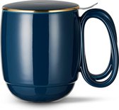 Thee kopje met deksel en zeef, 480 ml Groot losse thee kopje met spiraalvormig handvat, marineblauw, gladde porseleinen thee kopjes met gouden afwerking, deksel om thee te laten trekken.