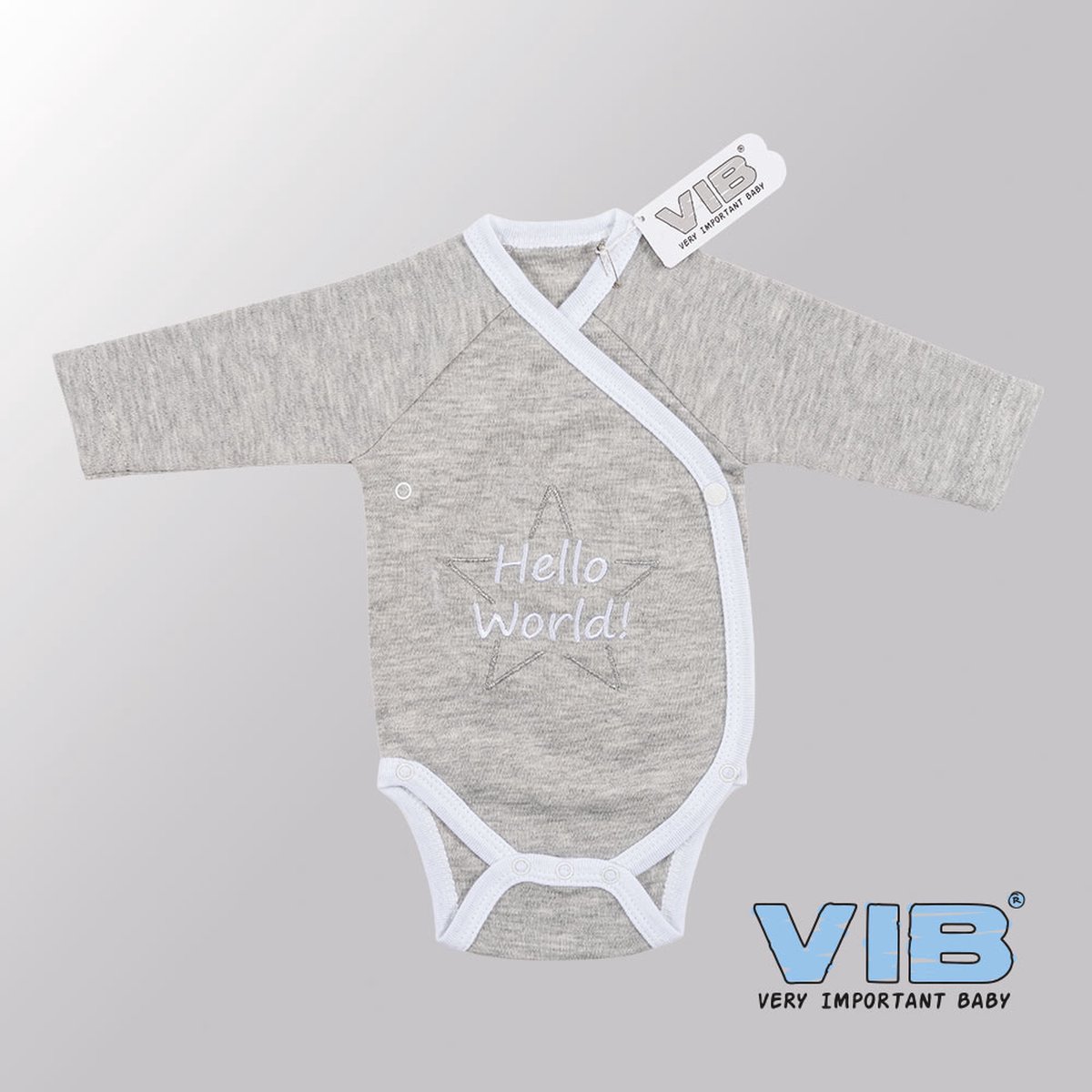 VIB® - Rompertje (overslag) Luxe Katoen - Hello World (Grijs) - Babykleertjes - romper - rompertjes - rompertjes met tekst - baby cadeau - baby aankondiging - overslagromper