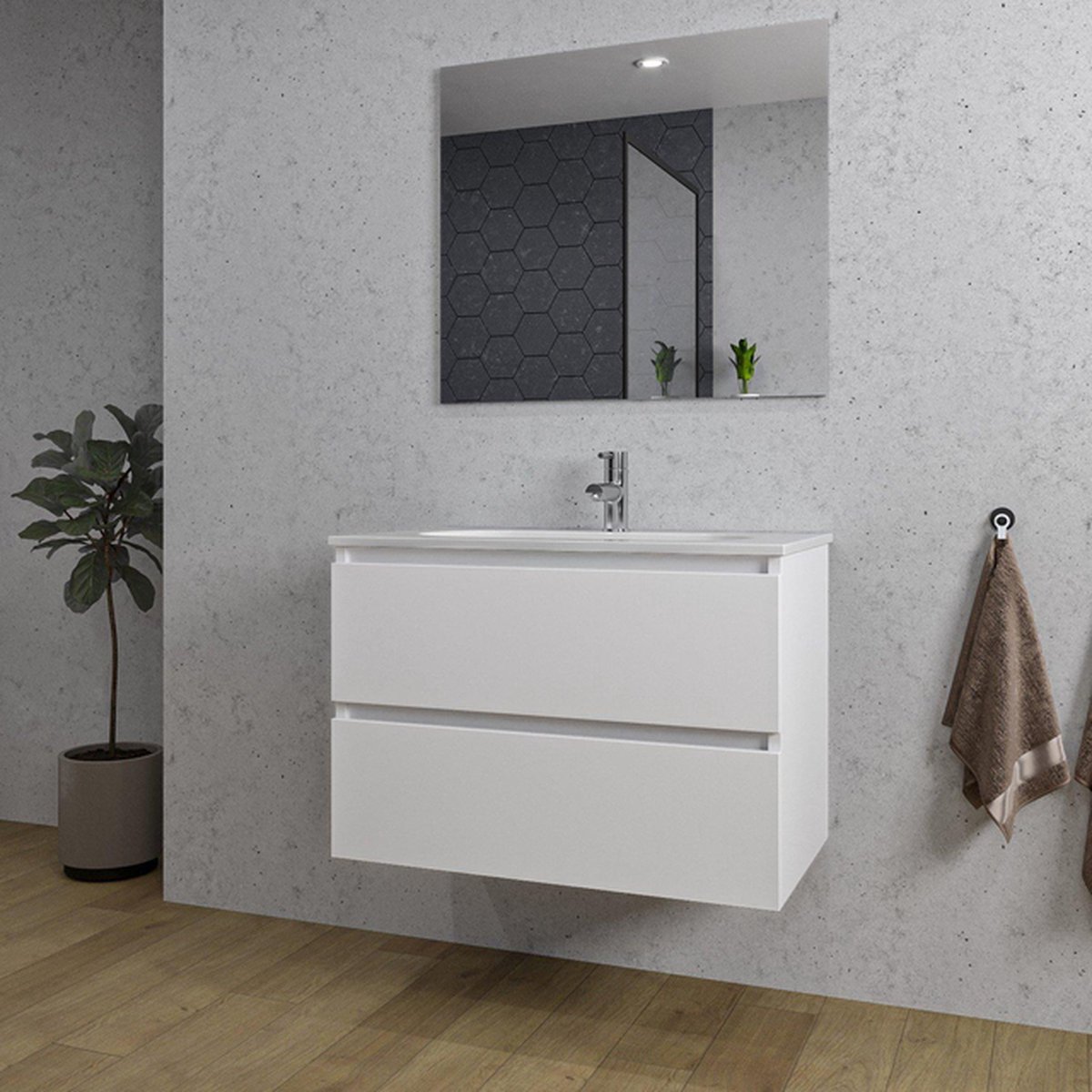 Saniclass Chaci Badkamermeubelset - 80x45x55cm - keramische wastafel wit - 1 ovale wasbak - 1 kraangat - 2 lades - rechthoekige spiegel - mat wit