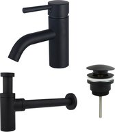 FortiFura Calvi Wastafelkraanset - lage wastafelkraan - klikwaste plug - design sifon - Mat zwart