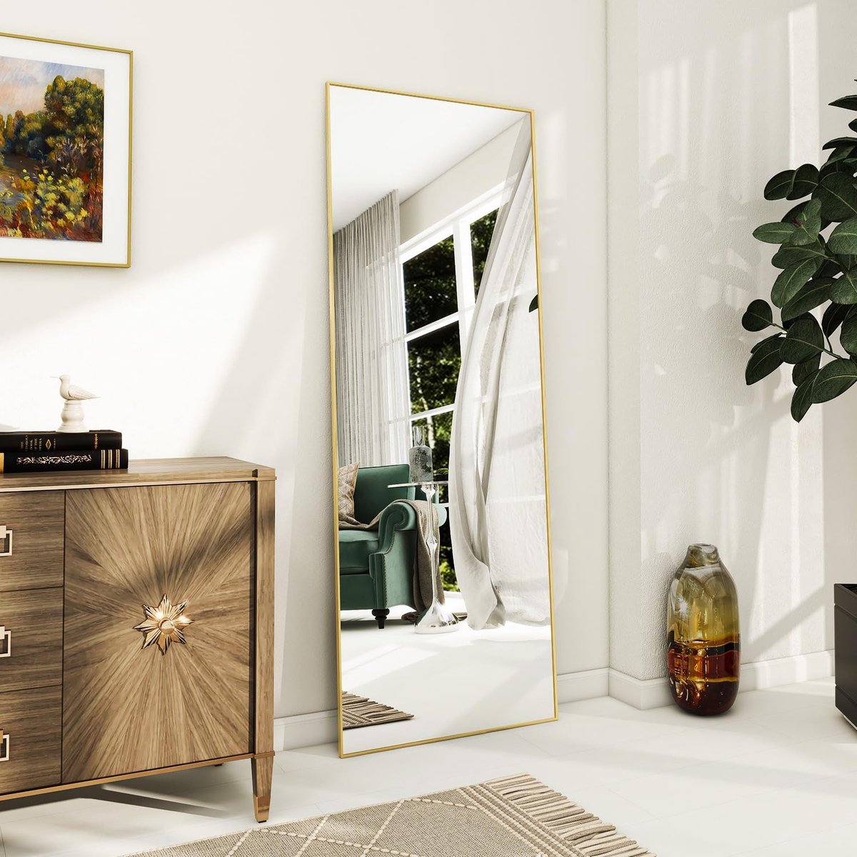 144 × 45 cm staande spiegel grote full-body spiegel met aluminium frame voor slaap- woon- en badkamerspiegel goud