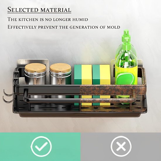 Spoelbakorganizer voor keuken, geen boren, spoelbakorganizer, hangend, sponsenhouder, keuken, roestvrij staal, zwarte spoelbak met doekhouder en haak. — afbeelding 5