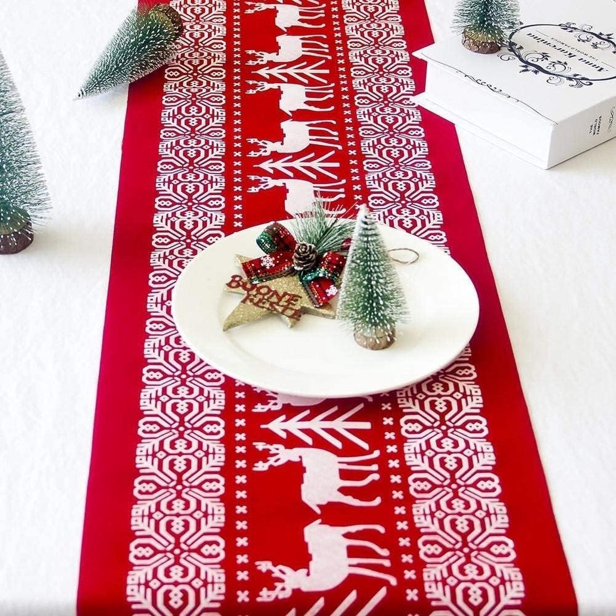 Kerst tafelloper van katoen en linnen 28x270cm warm rood met kerst patroon - tafelkleed voor feestdagen, tafeldecoratie - herbruikbaar - kersttafel - must-have voor Kerstmis