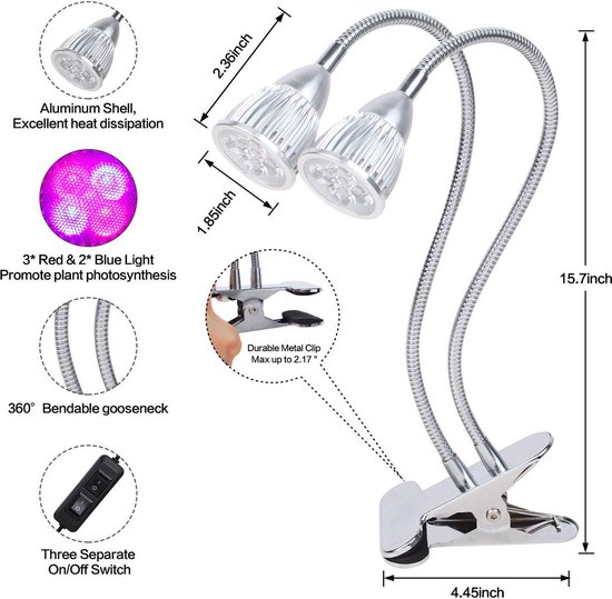 Ortho® - LED Groeilamp - Bloeilamp - Kweeklamp - Full Spectrum - Grow light - Groei lamp (met 2 lampen) met Flexibele lamphouder -Klem spotje - Zilver 2x - Ortho