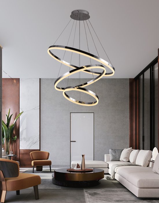 Chandelix - Luxe Hanglamp Zilver Chroom - 3 Ringen - met Afstandsbediening en App - Dimbaar - 3 lichts - In hoogte verstelbaar - Industrieel - Eetkamer - Keuken - Woonkamer - Slaapkamer - Smartlamp - Ringlamp - Moderne - LED