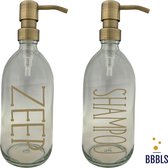 GS-500ml-Pet_Go_Go-Shampoo zeep Set van 2 Hervulbare Zeepdispensers: Plastic flessen (500 ml) met Gouden Pomp en Gouden Tekst 'Shampoo zeep