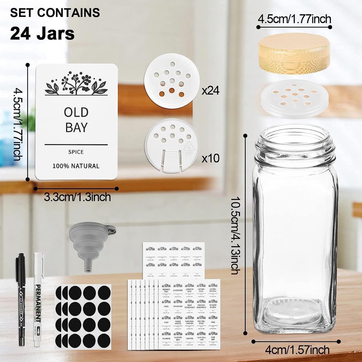 Cozary Kruidenpotjes, set van 24 kruidenpotjes voor de keuken, van glas met bamboedeksel, 648 etiketten, kruidenpotjes met dubbele opening, ideaal voor opslag en organisatie