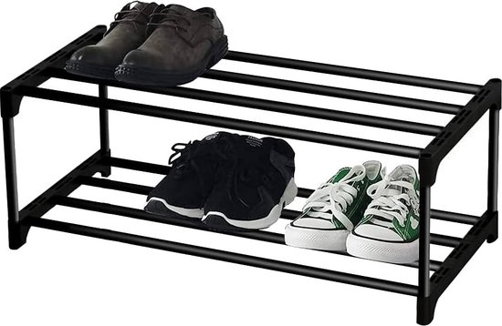 Schoenenrek 2 niveaus, klein, kan 6 paar schoenen bevatten, schoenenrek, opslag, organisator, antiroestcoating, geschikt voor slaapzaal, huurhuis, balkon, zwart