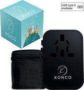 Konco Universele wereldstekker met snellader - Reisstekker met 3 USB-C en 2 USB-A poorten - 200+ landen - 2000W - Zwart