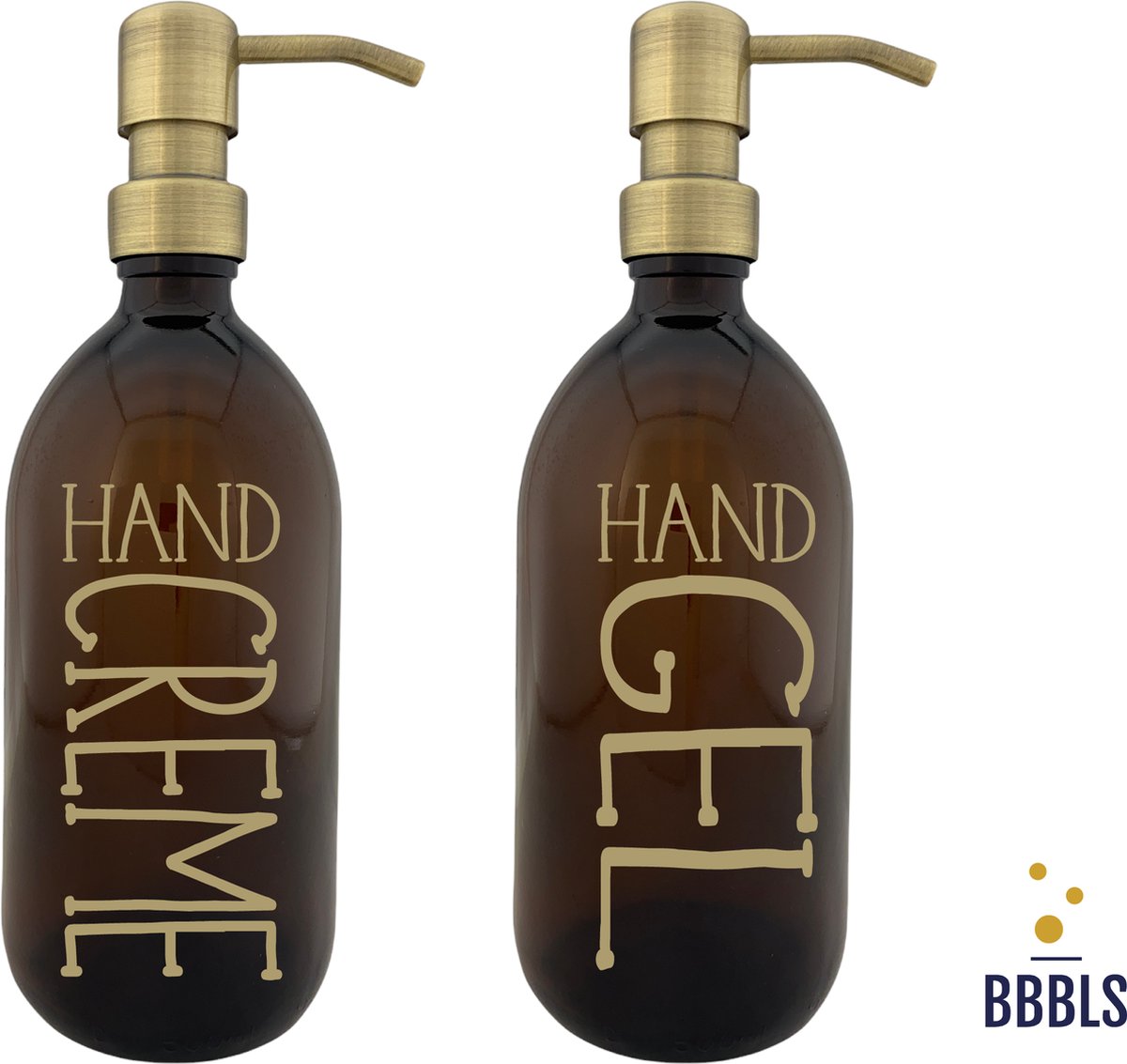 BBBLS Design Dispenser Giftset "Handgel Zeep" | Bruin Glas | 500ml | RVS / Metaal Pomp Goud | Zeeppomp | Zeepdispenser | Zeephouder