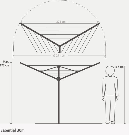 Brabantia Essential Droogmolen - met Betonanker - 30 m - Metallic Grey - Brabantia