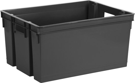 Zwarte kunststof opbergkrat met handvatten.