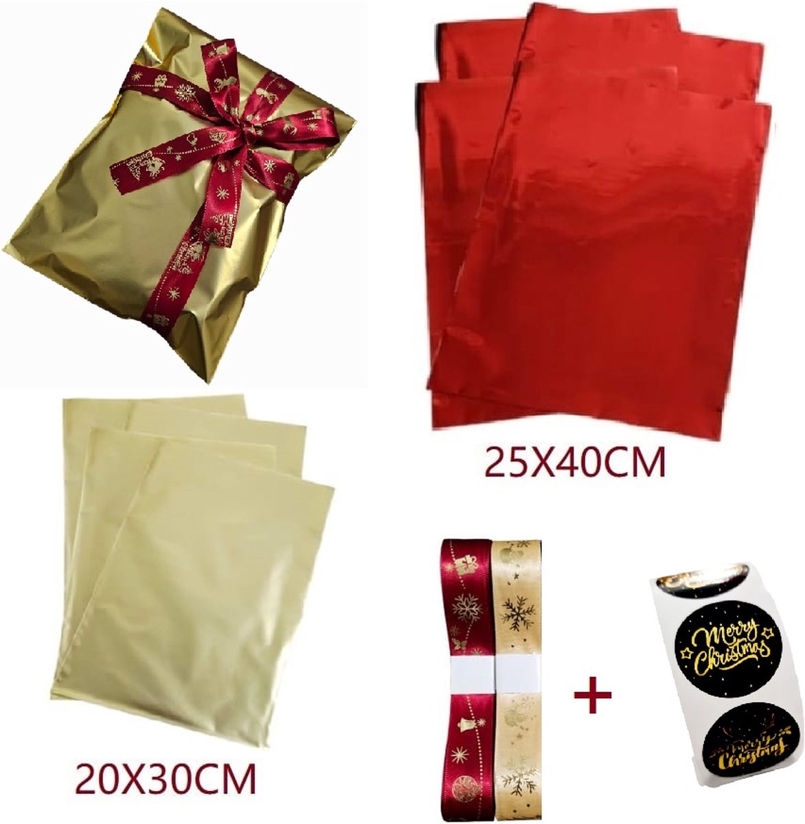 Grote inpakzakken 8 stuks met 2 stuks Kerst lintjes | Rood en Goud | Cadeauverpakking -Luxe cadeau zakken - kado zakken Verjaardag| KERST | Nieuwjaar geschenk