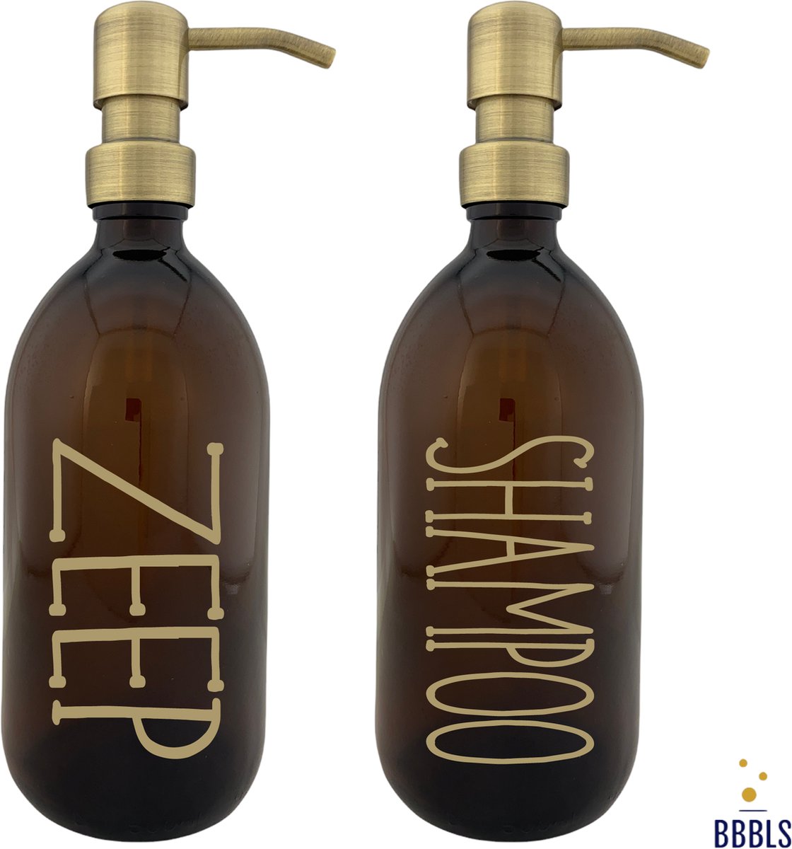 BBBLS Design Dispenser Giftset "Zeep Shampoo" | Bruin Glas | 500ml | RVS / Metaal Pomp Goud | Zeeppomp | Zeepdispenser | Zeephouder