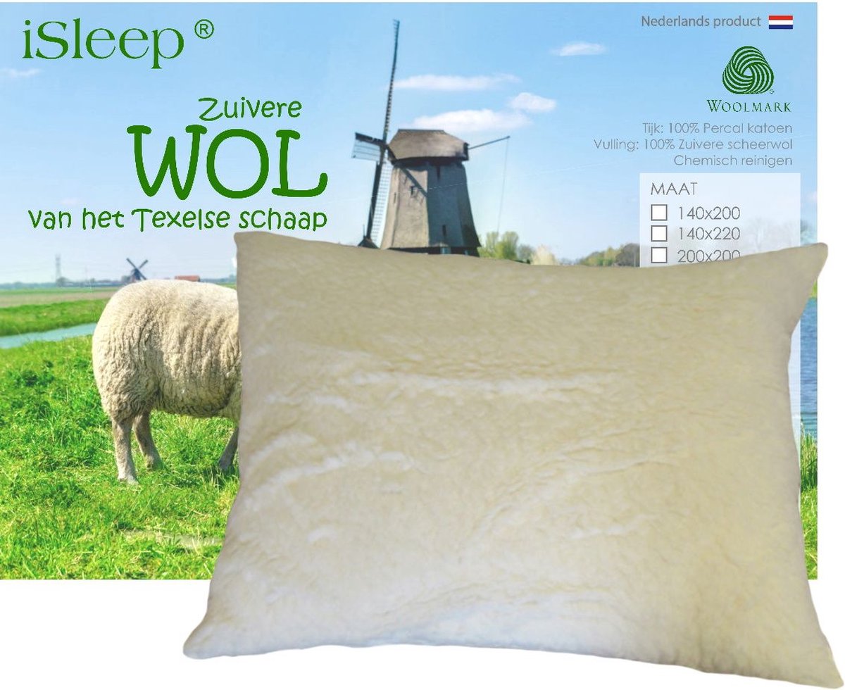 iSleep Wollen Hoofdkussen DeLuxe - Wolvacht Zijde - 60x70 cm