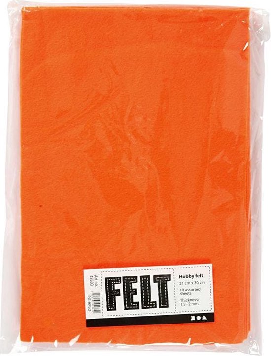 Emballage de 10 tissus de feutrine orange uni, chacun de 21 x 30 cm.