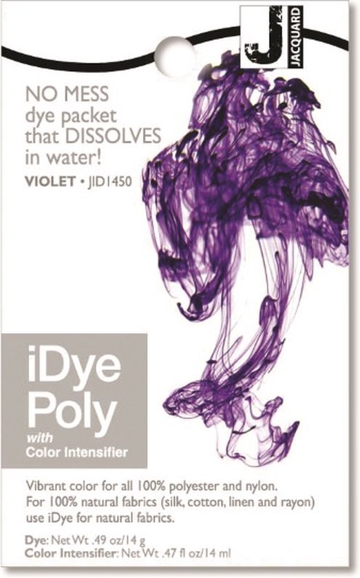 Emballage de colorant violet "iDye Poly Violet". L'emballage contient un "Color Intensifier".