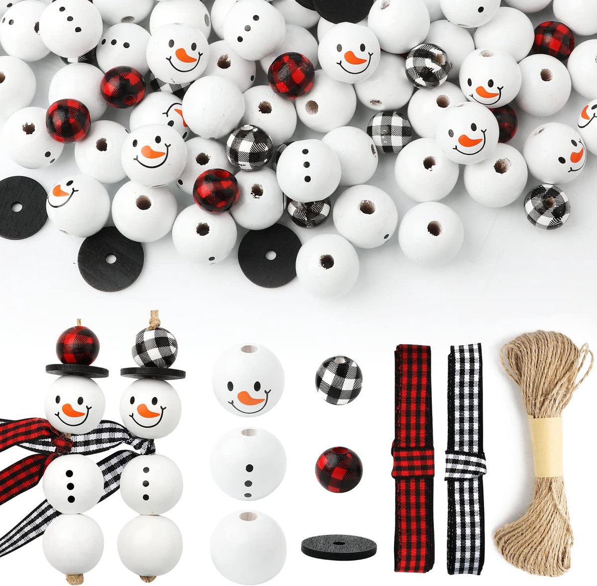 150 Stuks Sneeuwpop Houten Kralen Kerst Houten Kralen Buffel Geruite Kralen voor Ambachten Raster Lint met Henneptouw voor DIY Ambachten Decoratie