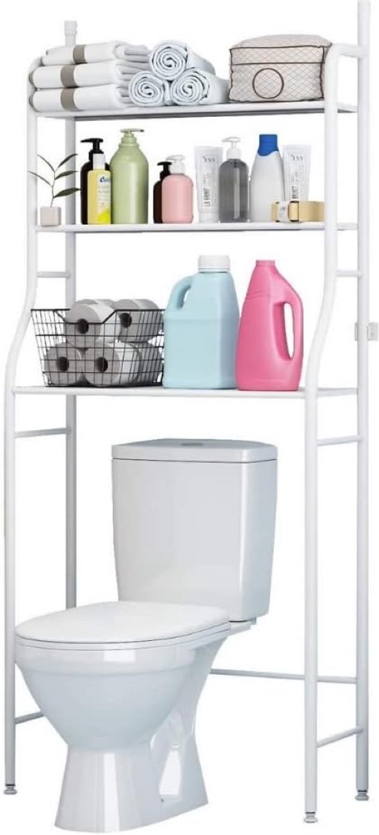 Badkamerplank Boven Wit Toilet | Bespaar Ruimte met 3 Planken | Waterdichte Opbergplank | In Hoogte Verstelbare Poten (E5477)