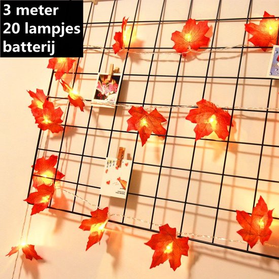 Betoverende LED Esdoornbladlichtslinger-Geschikt voor Binnen en Buiten-werkt op batterij- 3meter 20 lichtjes -Oranje-rood