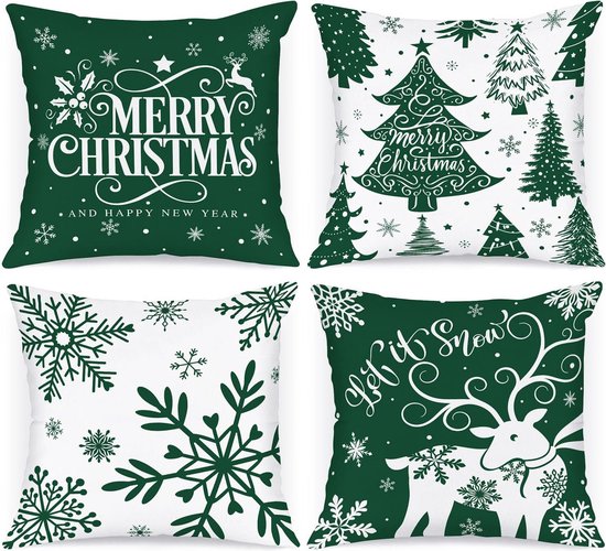 Kussenslopen voor kerst, 4 stuks, wit en groen, 40 x 40 cm, winterse sneeuwvlokken, decoratieve kerstkussens voor kerstdecoratie, kerstbeddengoed, bankdecoraties (groen)