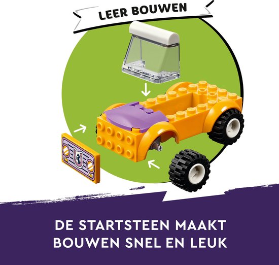 Pièces de voiture LEGO Friends, y compris une carrosserie jaune à toit violet et de grandes roues, avec instructions par flèches.