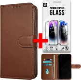 Casemania Hoesje Geschikt voor Samsung Galaxy S24 Bruin & Glazen Screenprotector - Portemonnee Book Case