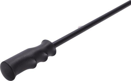 Een zwart, ergonomisch handvat van een paraplu.