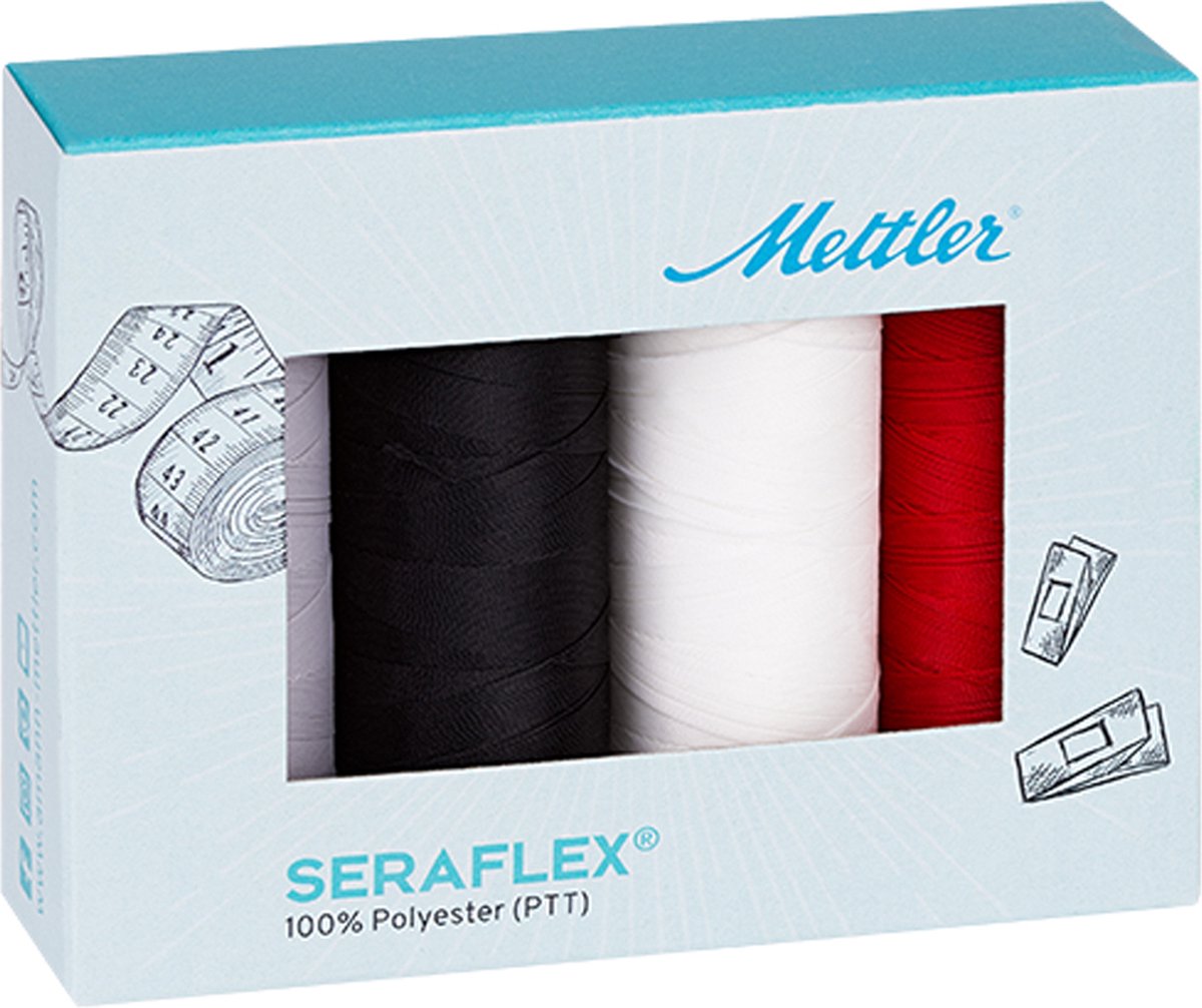 Mettler Set 4 basis kleuren elastisch naaigaren 130m stikzijde tricot Seraflex box