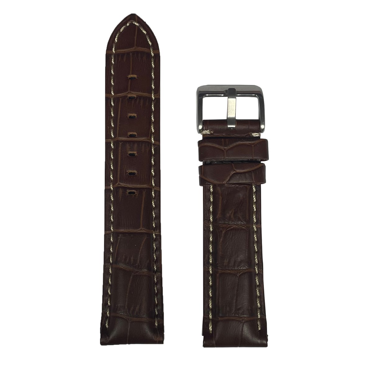 Horlogeband - 22mm - Bruin ( Wit Stiksel ) - Echt leer in croco print - Roestvrijstalen gesp