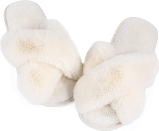 Warm Vrouwen pantoffels-Pluche Cross Strap, winter zacht antislip Vrouwen bont pantoffels, geschikt voor binnen en buiten-Wit Geschikt voor maat 42/43