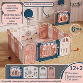 Lucellia® Grondbox – Inklapbare box – Met speelmat - ZalmRoze 149x152 CM – Playpen baby - Babypark - Antislip – Met Zuignap - Kruipbox – Kinderbox – Baby box – Speelbox – 12+2 panelen