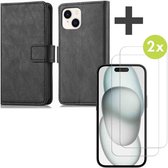 iMoshion Bookcase Hoesje Met Pasjeshouder & 2X Screenprotector Gehard Glas Geschikt voor iPhone 15 - Zwart