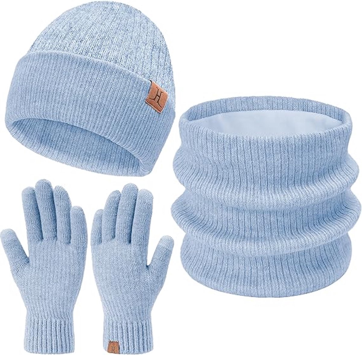 Warme winterset 3-delig - Lichtblauw - Fleece gevoerde beanie/muts, ronde sjaal, touchscreen handschoenen - 3 stuks voor volwassenen - Black Friday 2023 - Kerstcadeau
