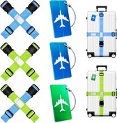 Pack of 6 Luggage Straps with Address Label + 3 Luggage Tags with Address Label, Suitcase Strap, Suitcase Strap, Suitcase Strap, Cross Strap (3 Blue + 3 Green)